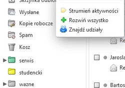 Tworzenie nowego folderu w systemie pocztowym. Aby utworzyć nowy folder należy kliknąć prawym przyciskiem myszy na napis „Foldery poczty”. Następnie wybieramy opcję: „Nowy folder”. W okienku dialogowym w polu nazwa podajemy nazwę kojarzącą się z filtrem który utworzymy np. Wnioski.